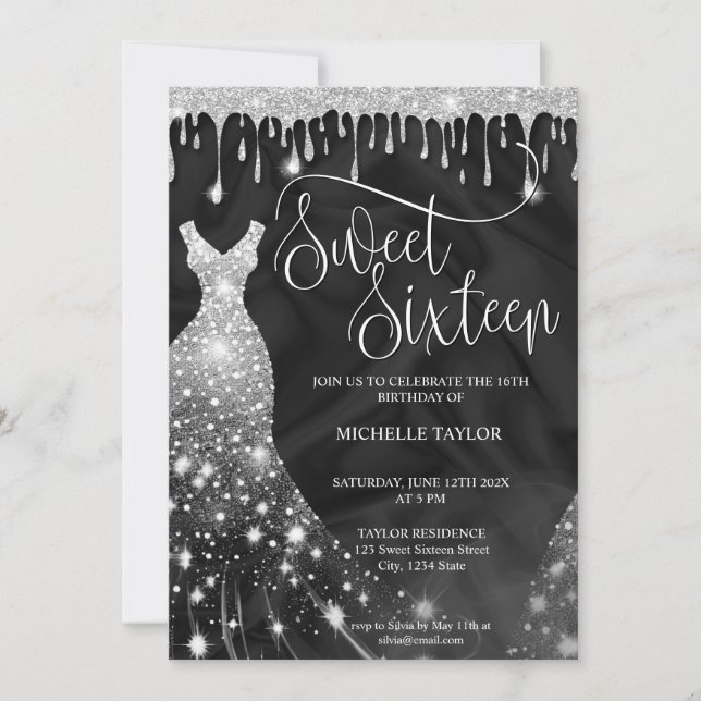 Convites Pintinho moderno - Glitter Silver Sweet 16 (Frente)
