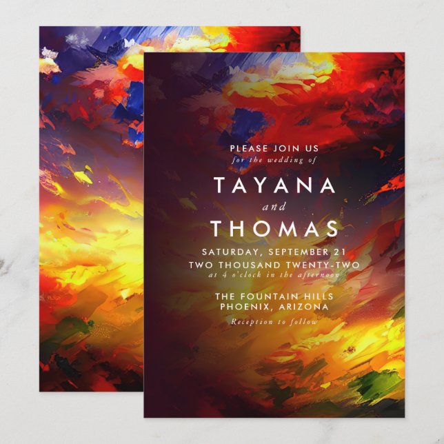 Convites pintura abstrato com um céu colorido. Casamento (Frente/Verso)