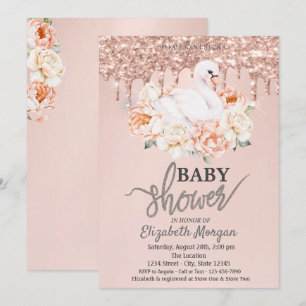 Convites Pintura aquarela Cisne Bebê Dourado Rosa Brilho Go