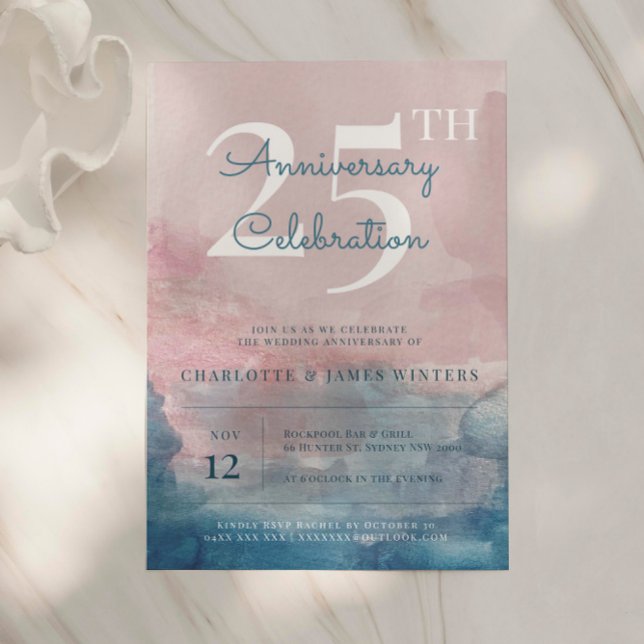 Convites Pintura aquarela rosa e azul de aniversário de 25  (Criador carregado)