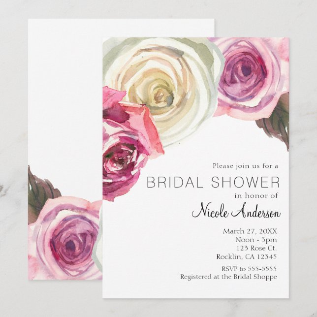 Convites Pintura aquarela Rosas Rosa & Branco Chá de Noiva  (Frente/Verso)