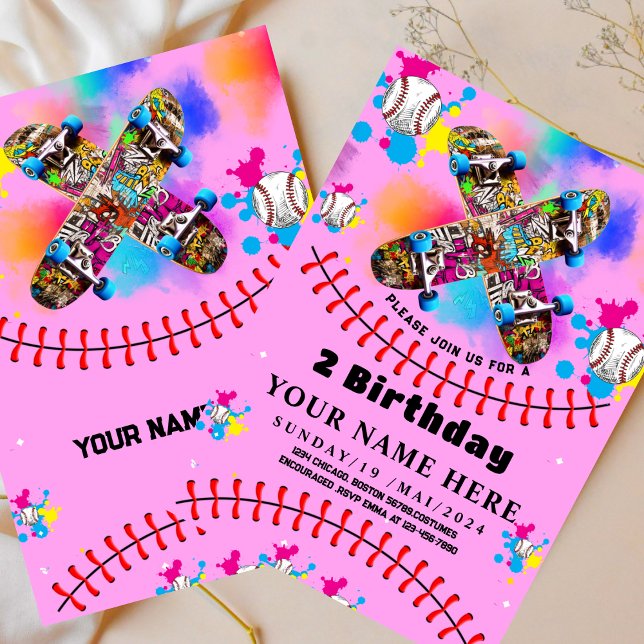 Convites Pintura de skate de beisebol colorida festa rosa (Criador carregado)