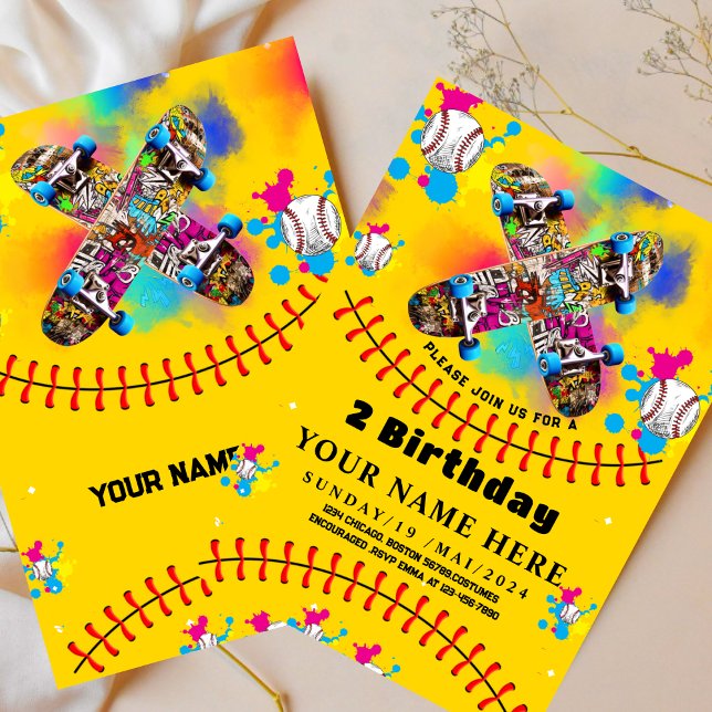 Convites Pintura de skate de beisebol colorido amarelo fest (Criador carregado)