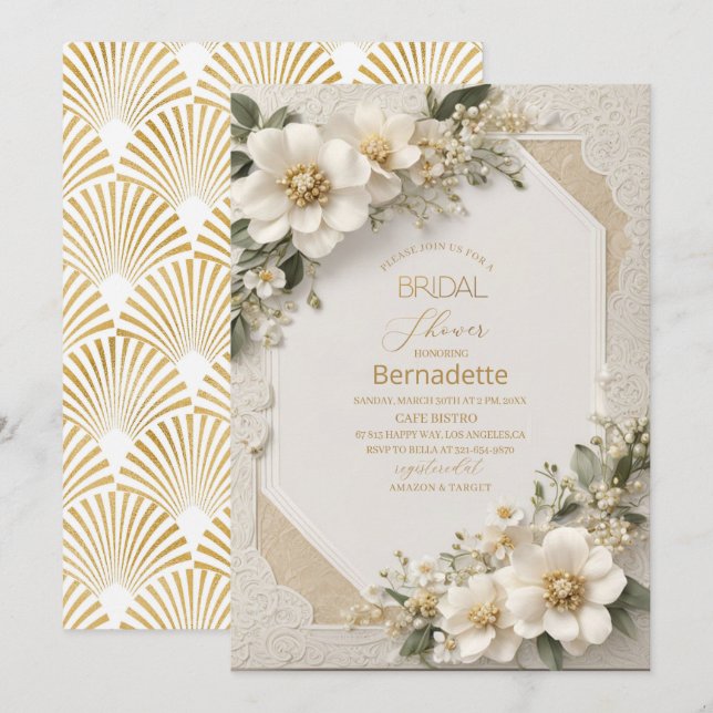 Convites Pintura em aquarela flores brancas 3D dourado  Chá (Frente/Verso)