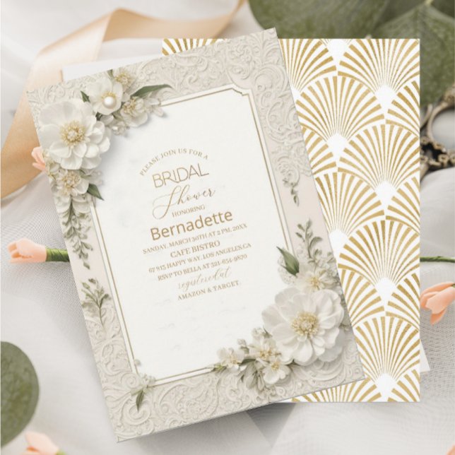 Convites Pintura em aquarela flores brancas 3D dourado  Chá (Criador carregado)