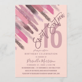 Convites Pintura Girly Glitter Brushstrokes Rosa Doce 16