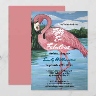 Convites Pintura Tropical Rosa Flamingo 50º Aniversário