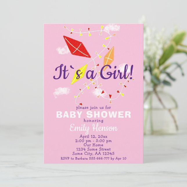 Convites Pipas no Céu Rosa É um Chuveiro de Bebê Menina (Em pé/Frente)