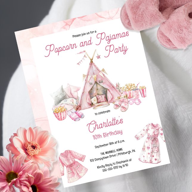 Convites Pipoca rosa e Festa de aniversário de pijama (Cute Pink Boho  Tent Girl's "Popcorn and Pajama's [Birthday] Party" Invitation)