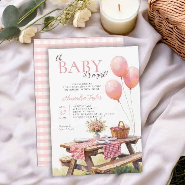 Convites Piquenique Flores Silvestres Balões Rosa Chá de Be (picnic baby shower invitation card template summer backyard floral balloons wildflowers watercolor)