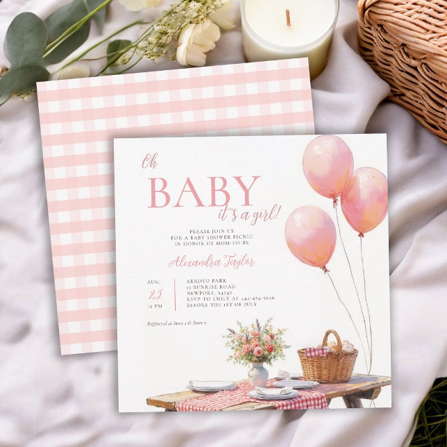 Convites Piquenique Flores Silvestres Balões Rosa Festa da  (picnic baby shower invitation card template summer floral balloons wildflowers backyard outdoors)