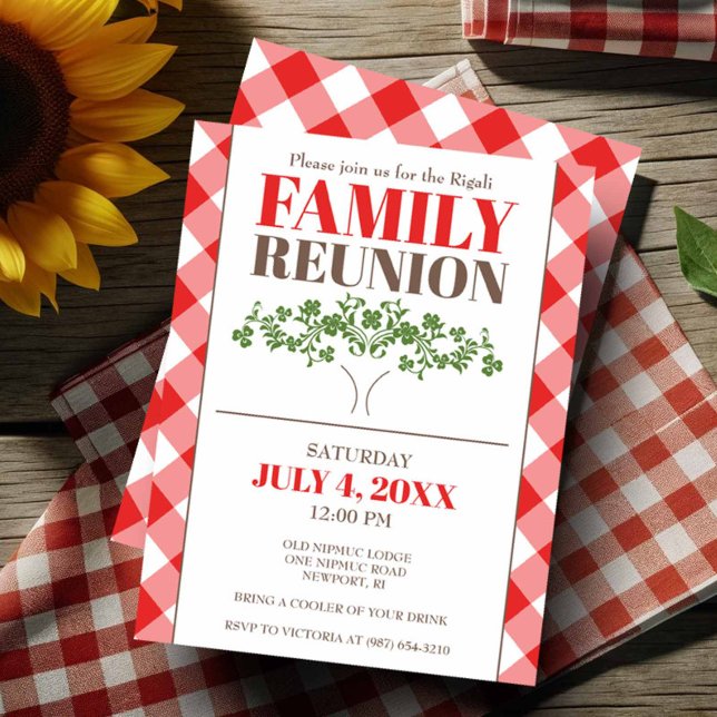 Convites Piquenique Gingham - Reunião da Família Russa (Family reunion invitations tree and red gingham print.)