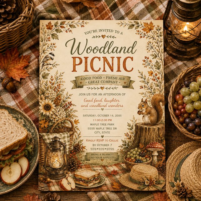 Convites Piquenique Outonal Rústico de Madeira  (Woodland picnic invitation)