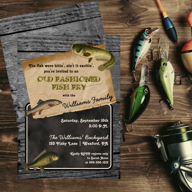 Convites Piquenique Rustic Fish Fry Cookout (Rustic Old Fashioned Fish Fry Backyard Cookout Picnic Invitation)