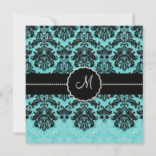 Convites Piquês PixDezines, Damask / Black+Aqua Blue Velve