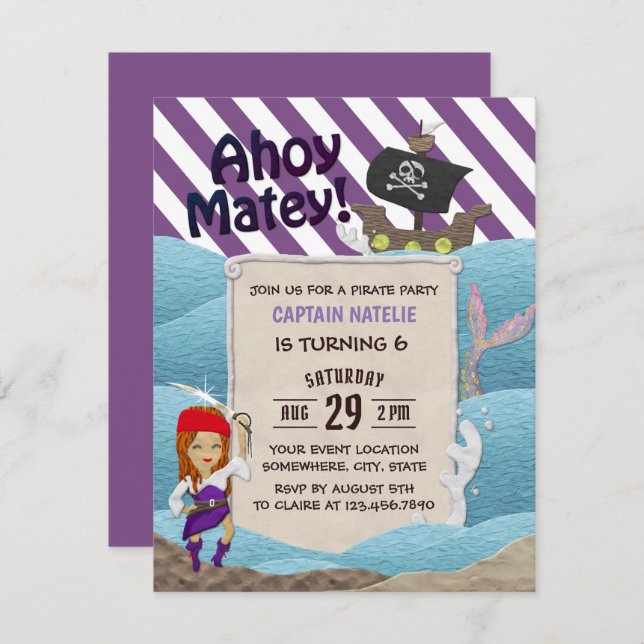 Convites Pirata Rapariga Roxo 6 Festa de aniversário (Frente/Verso)