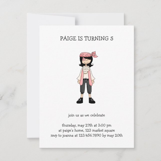 Convites Piratas Rosa ・ Rapariga Pirata #10 (Frente)