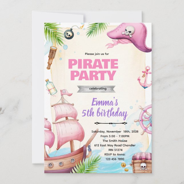 Convites Pirate girl birthday theme invitation (Frente)