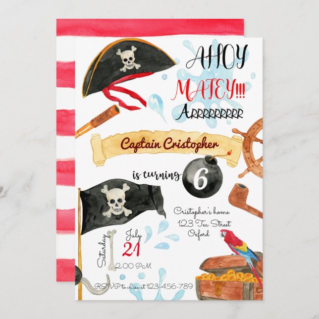 Convites Pirates Birthday Invitation, Pirates Invitation (Frente/Verso)