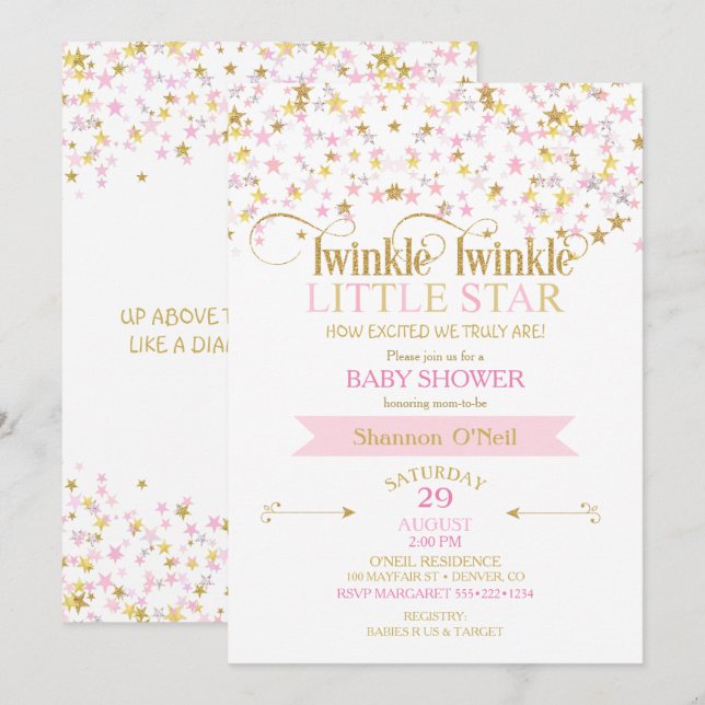 Convites Pisca Pisca Estrela Chuveiro de Bebê Rosa Dourado (Frente/Verso)