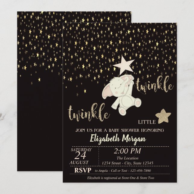 Convites Pisca Pisca Estrelinha Preto, Dourado, Chá de Bebê (Frente/Verso)