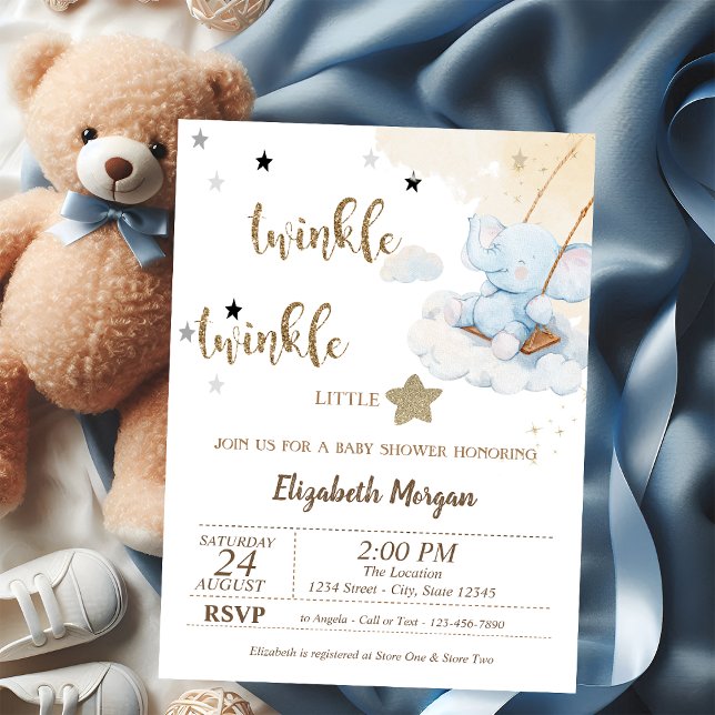 Convites Piscar Piscar Urso Azul Lua Estrelas Chã de Bebê (Criador carregado)
