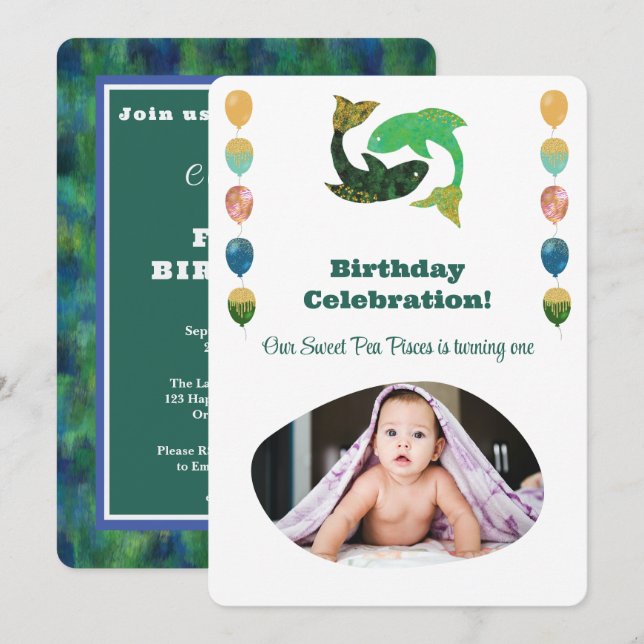 Convites Pisces 1st Birthday Photo Impressionist Gold  Invi (Frente/Verso)