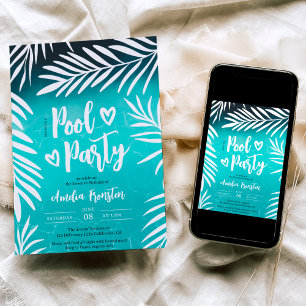 Convites Piscina azul de folha de palma tropical Doce 16