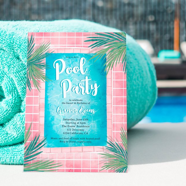 Convites Piscina azul-palma tropical rosa moderno Doce 16 (Modern pink Tropical palm blue pool party Sweet 16 Invitation)