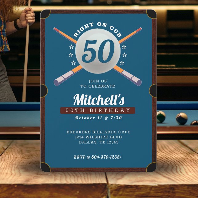 Convites Piscina Billiards 50th Festa de aniversário Blue (Pool Billiards 50th Birthday Party Blue Invitation
)