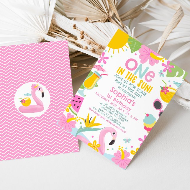 Convites Piscina Colorida Rosa, Uma No primeiro aniversario (One In The Sun Birthday Invitation Template Baby Girl, Sun Themed 1st Birthday Invitation Pink)