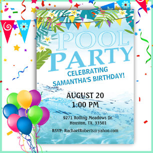Convites Piscina de Aniversário Tropical de Adultos Con