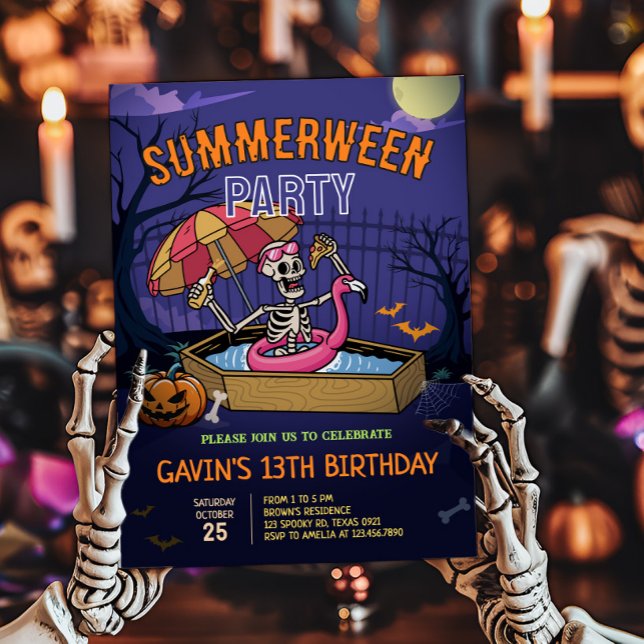 Convites Piscina de Halloween Summerbetween Birthday (Halloween Summerween Pool Birthday Invitation )
