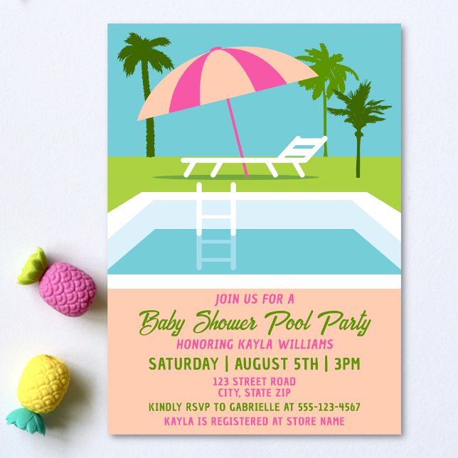 Convites Piscina de natação tropical do Partido da Piscina  (Baby shower pool party invitation on a light background with tropical pineapple decorations.)