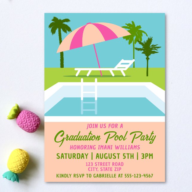 Convites Piscina de natação tropical do Partido da Piscina  (Graduation pool party invitation on a light background with tropical pineapple accessories.)