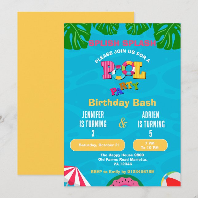 Convites Piscina de Parquinho de Aniversário Molhada e Dive (Frente/Verso)