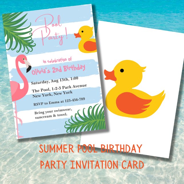 Convites Piscina de Verão, Festa de aniversário de borracha (Summer Pool Party Birthday Invitation Card. Splash !)