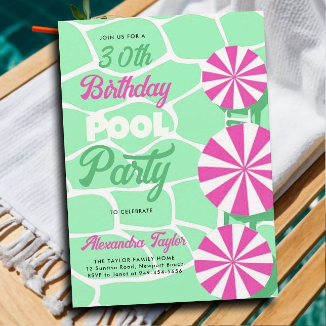 Convites Piscina de Verão Festa Quente Rosa Quente (30th birthday party ideas for women pool umbrellas hot pink aqua personalized invitation summer fun)