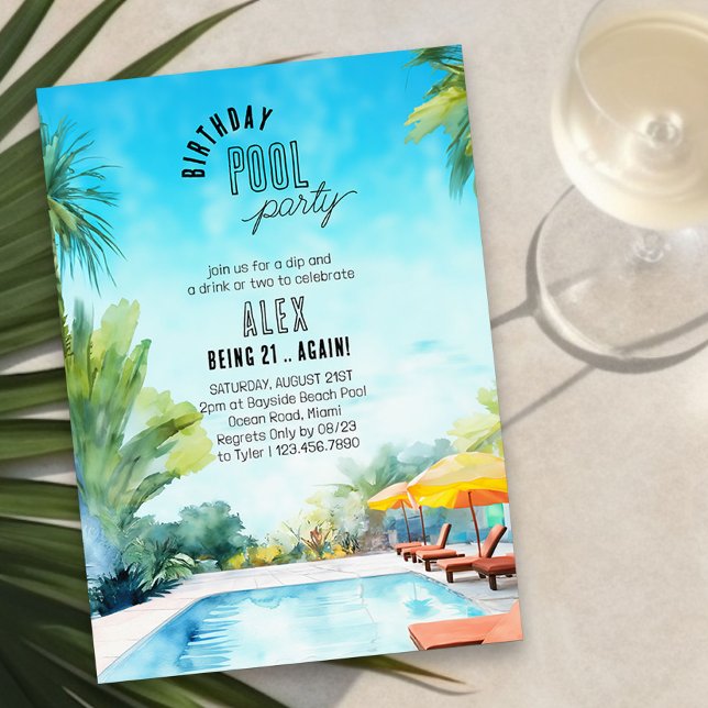 Convites Piscina Festa Aquarela Qualquer Idade Adulta Anive (Pool Party Invitation with tropical poolside landscape for adults of any age)