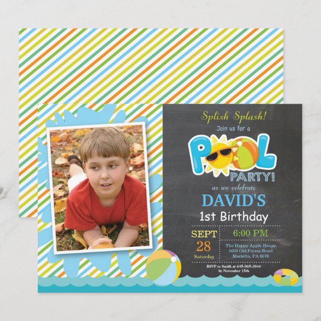 Convites Piscina Festa de Aniversário Chamado Splash Boy (Frente/Verso)