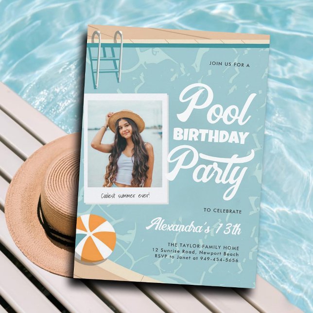 Convites Piscina Festa de aniversário Foto do Adolescente d (teen pool party invitations for girls tween thirteen photo template modern vintage cute cool chic)