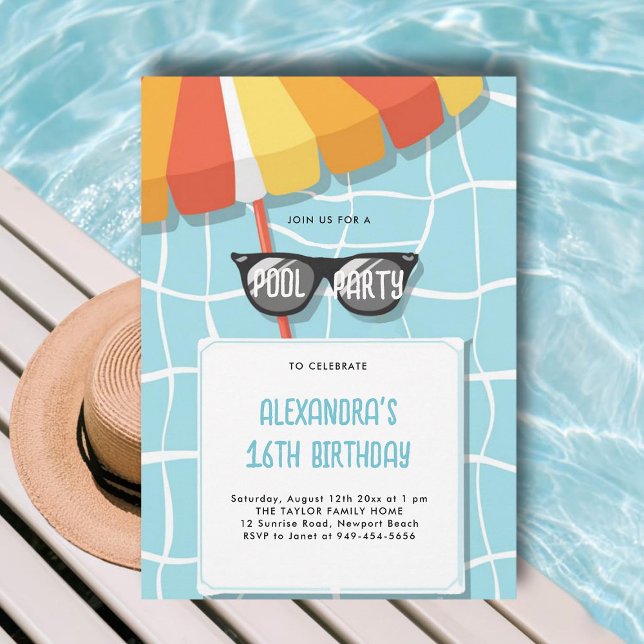 Convites Piscina Festa de aniversário Moderna Legal Adolesc (sweet 16 pool party invitations ideas modern simple pink yellow orange teal aqua cool sunglasses)