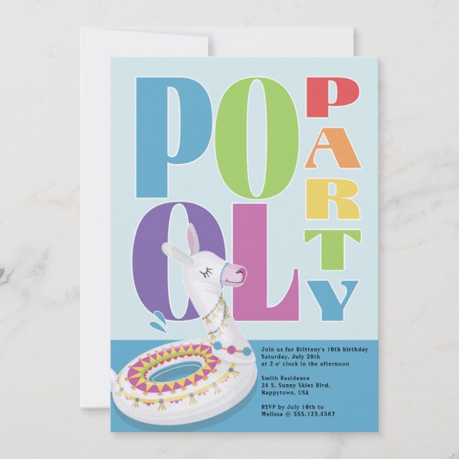 Convites Piscina Llama Festa de aniversário de Verão (Frente)