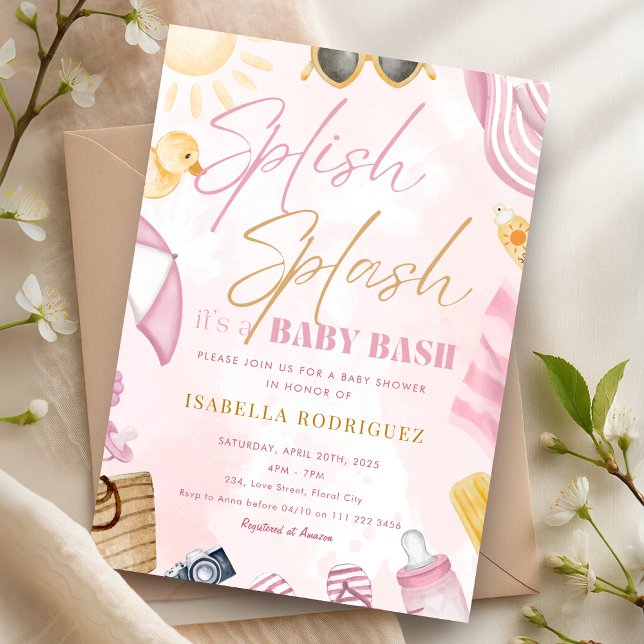 Convites Piscina Parte Chá de fraldas Cor-de-rosa - Abertur (Pool Party Baby Shower Pink Splish Splash Bash Invitation)