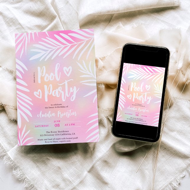 Convites Piscina tropical do arco-íris de palma Doce 16 (Tropical palm rainbow pool party Sweet 16 Invitation)