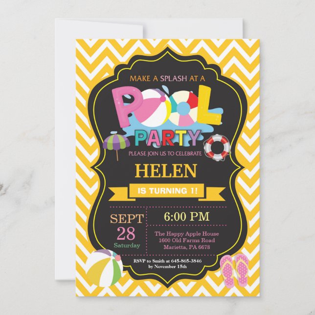 Convites Piscina Yellow Splash Girl (Frente)