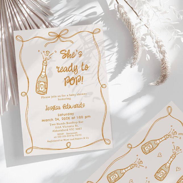 Convites Piscinas Whimsical Neutras Prontas Para Chá de fra (Whimsical She's Ready to Pop Baby Shower Invitation Gender Neutral Bow Champagne Bottle Pop Cork)