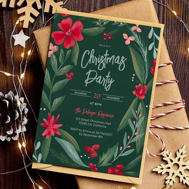 Convites Piso floral verde-vermelho Pasta verde-de-Natal (Red green floral wreath pattern Christmas red Invitation on green)