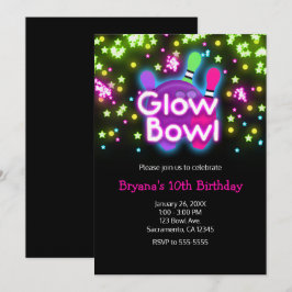 Convites Pista de Boliche Glow Bowl Estrelas Neon Festa de