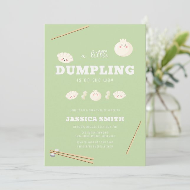 Convites Pistácio Verde Kawaii Bao Dumpling Baby Shower  (Em pé/Frente)